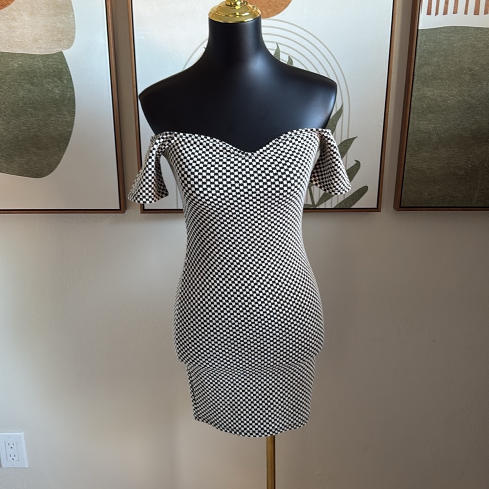 3/$10 Sparkle & Fade Checkered Off-Shoulder Mini Dress